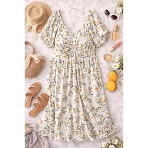 NWOT Léa Women's Linen Knot Front Puff Sleeve Lemon Fruit Print Smocked Maxi 3X